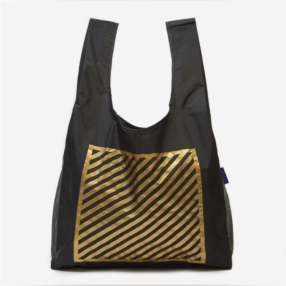 NWOT BAGGU Standard Reusable Bag - Black & Gold Stripe - Discontinued
